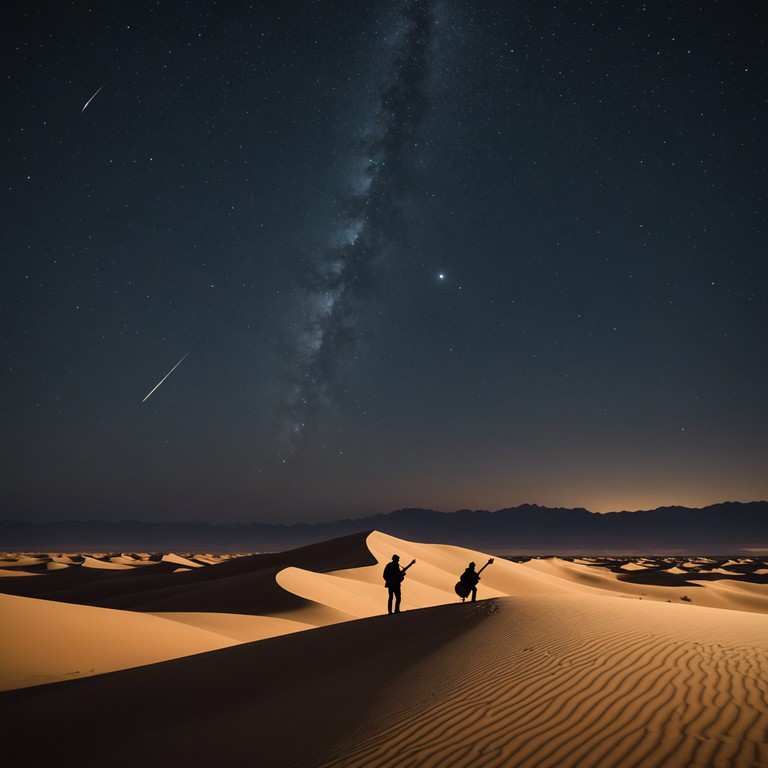 Imagine a vast desert under a starlit sky, the air filled with the gentle strumming of a spanish guitar, evoking a sense of intimacy and vast open spaces. This track blends a western theme with the sensuality of intimate melodies, offering a soothing yet evocative experience.