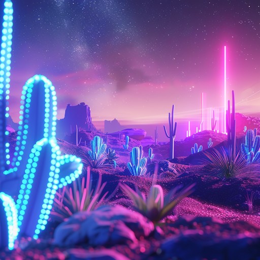 Galloping rhythms blend with futuristic synths, capturing a retro futuristic western atmosphere where tumbleweeds roll through neon lit deserts, invoking images of high tech outlaws and space saloons