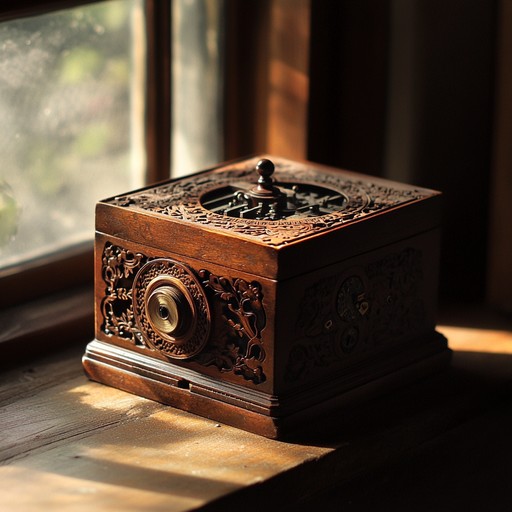 In a dim, dusty attic filled with relics, a lone music box plays haunting, ethereal melodies that transport the listener to a forgotten era, like whispers from ancient times unwinding suddenly before one's ears. The ambient acoustics accompanied by a serene yet eerie atmosphere create an intimate yet chilling experience.