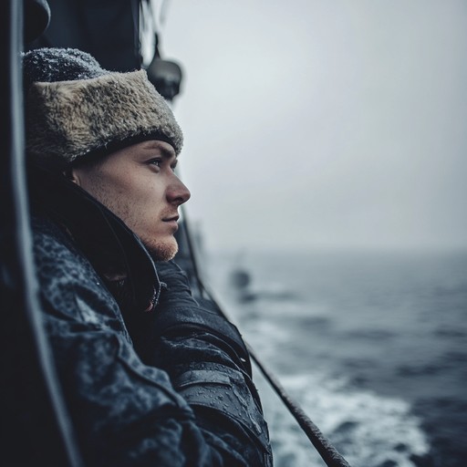 An instrumental piece delving into the inner thoughts of sailors aboard russian naval ships navigating cold, misty seas, blending haunting melodies with deep resonances to evoke solitude and reflection.