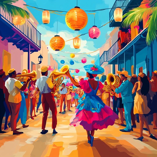 This piece captures the essence of a vibrant street festival, combining fiery trumpet melodies, rhythmic piano, and dynamic percussion to create an exhilarating latin jazz instrumental that transports listeners to a sun soaked celebration filled with dance and joy.