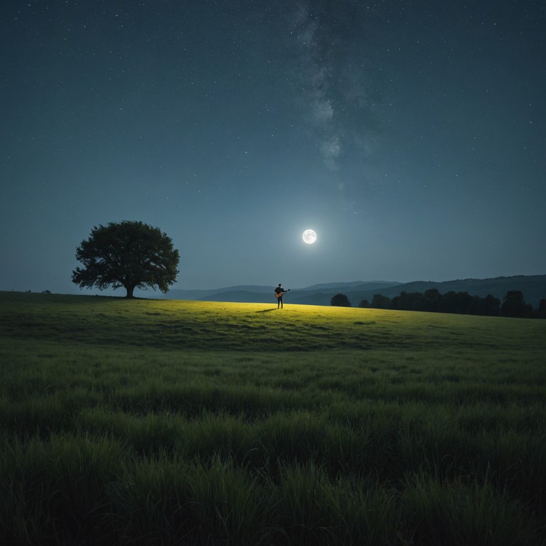 An acoustic guitar crafts a mellifluent soundscape as the listener is invited to wander through their thoughts amidst a backdrop of a starlit night, achieving a peaceful solitude that resonates with the soul.