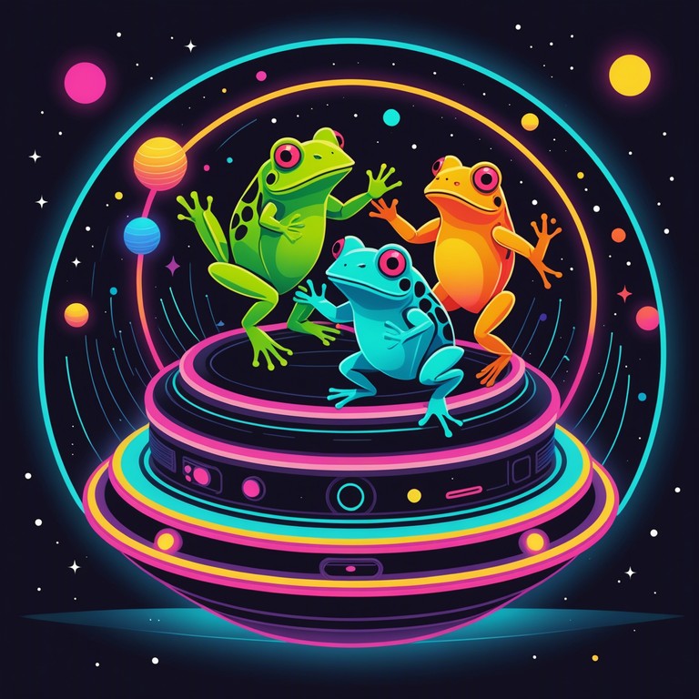 Imagine a vivid scene where intergalactic frogs gather on a neon lit dancefloor inside a translucent spaceship orbiting earth. As otherworldly melodies pulsate, these amphibian revelers perform anti gravity dance moves under star studded skies