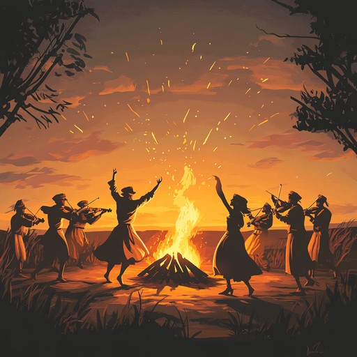 An instrumental folk composition that captures the energy of traditional dances at a sunset festival, featuring fast paced fiddle melodies, lively rhythms, and the joyous atmosphere of community celebration.