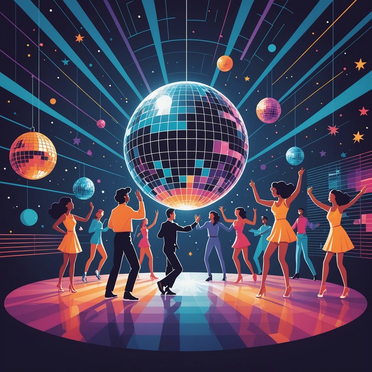 Embrace the warmth of a retro themed disco night where the rhythmic sounds of an electric piano bring everyone to the dance floor under twinkling lights.