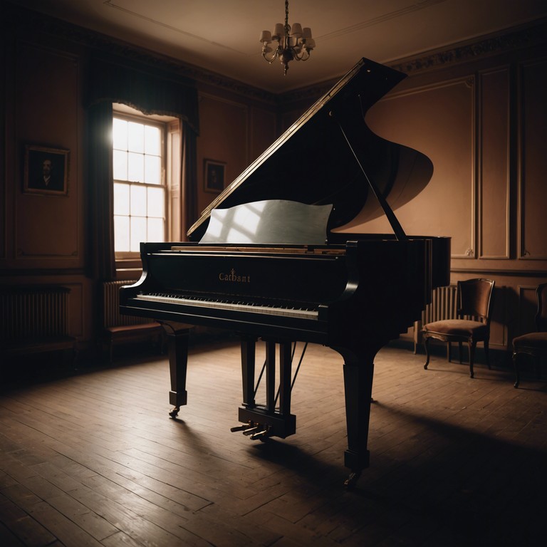 In a dimly lit, abandoned cabaret hall, a solitary piano stands under a single spotlight, emitting slow and melancholic tones that echo through the emptiness, invoking feelings of solitude and subtle dread. The music builds slowly, drawing listeners into a world of forgotten glamour and lingering ghosts of the past.