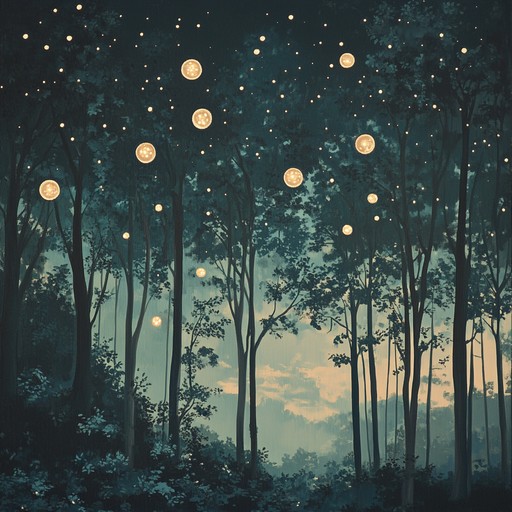 Whimsical tones of the forest intertwine with cosmic ambiance, creating an ethereal and dreamy experience. Melodic chimes and gentle waves of synthesized sounds blend intricately, evoking the serene beauty and mystery of a celestial forest where nature and stars harmonize