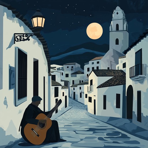 An evocative piece that captures the essence of a serene andalusian night, with the gentle strumming of a spanish guitar creating a soothing, romantic soundscape along the cobbled streets and ancient walls, resonating with the whispers of centuries old tales.