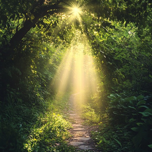 An instrumental piece featuring gentle acoustic guitar strums and light piano notes, creating a serene and uplifting atmosphere reminiscent of walking through sun dappled woods at dawn