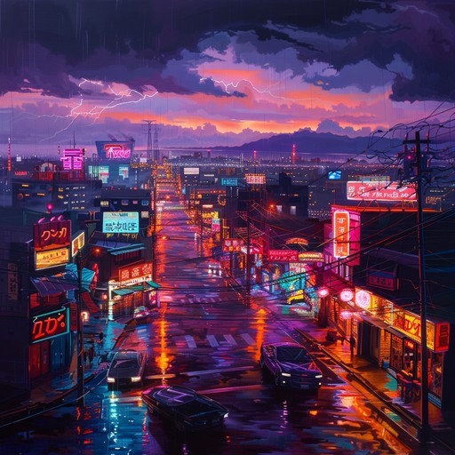 Picture yourself navigating the rain-slicked streets of a sprawling, high-tech metropolis. Towering skyscrapers adorned with flickering neon signs and holographic advertisements pierce the night sky. The pulsing beat of the music echoes the rhythm of the city, with haunting synths painting a picture of a world where technology and humanity intertwine. Glitchy, distorted sounds and deep, rumbling basslines evoke a sense of unease, reflecting the gritty, dangerous underbelly of this cyberpunk realm