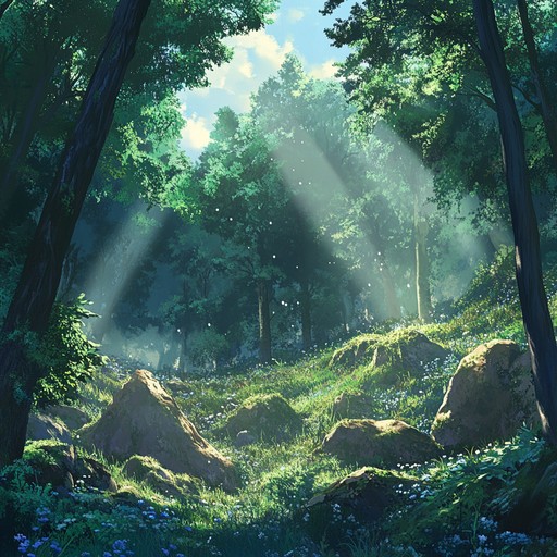 A soothing track featuring mellow acoustic guitar and ambient synths, designed to capture the tranquility of a serene walk through an anime inspired forest. Ideal for quiet, reflective scenes, it provides a gentle, calming background atmosphere accentuated by occasional natural sounds.