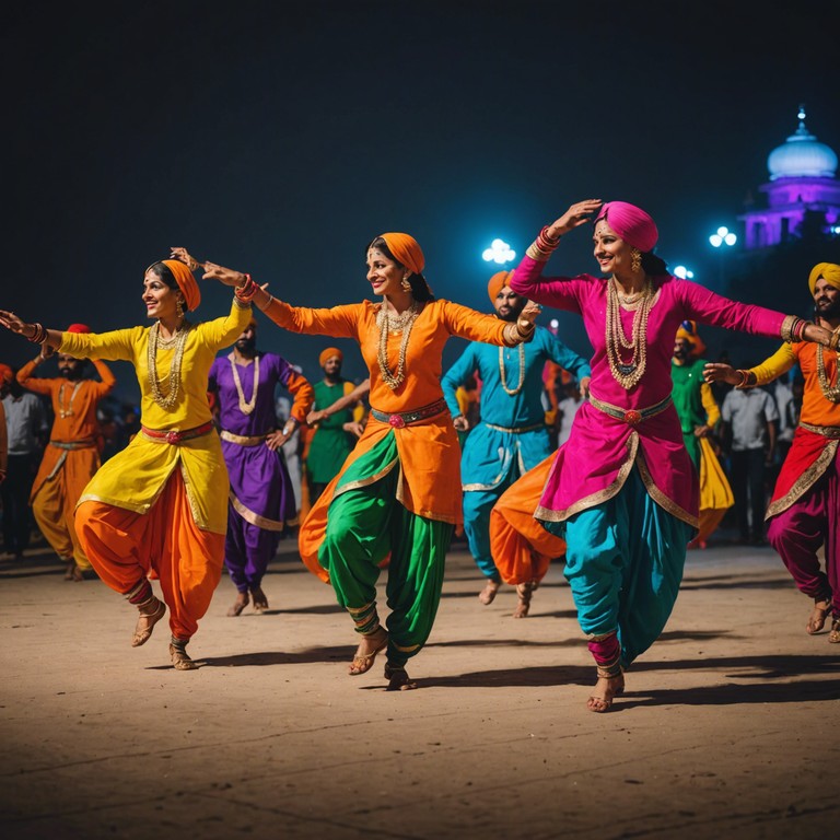 A vivacious and lively track that seamlessly blends traditional punjabi musical styles with energetic beats, designed to evoke the vibrant atmosphere of a moonlit dance on the streets of punjab. The music harnesses the spirit of bhangra, featuring characteristic drum rhythms and melodic overtones that capture the essence of celebration.