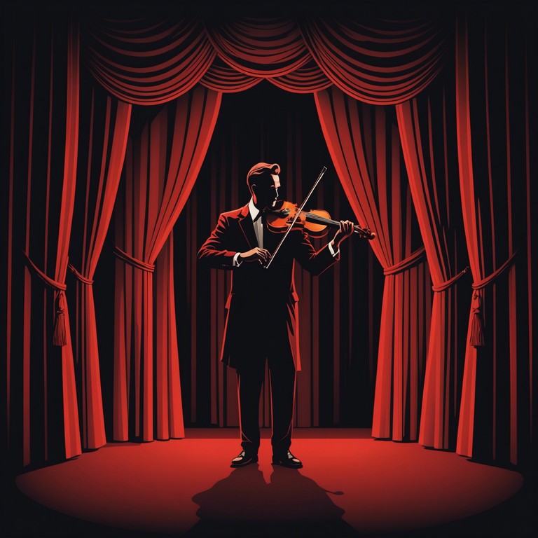 In a grand auditorium lit by dim, flickering candlelights, the melody of a solitary violin emerges. As the curtains sway gently, each stroke unravels deeper layers of suspense and dramatic flair, mimicking the intricate dance of shadows cast by the flames. The piece evokes a tale of hidden secrets in a victorian setting, where every note hints at untold stories lurking behind the velvet drapes.