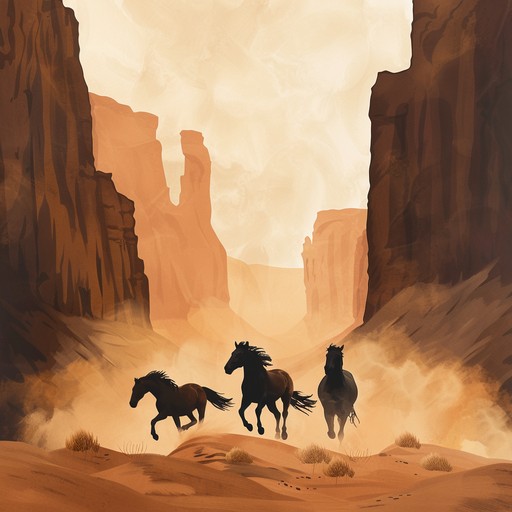 An upbeat, high energy western instrumental track featuring driving rhythms and adventurous melodies, capturing the essence of galloping through dusty canyons and wide open plains with excitement and thrill