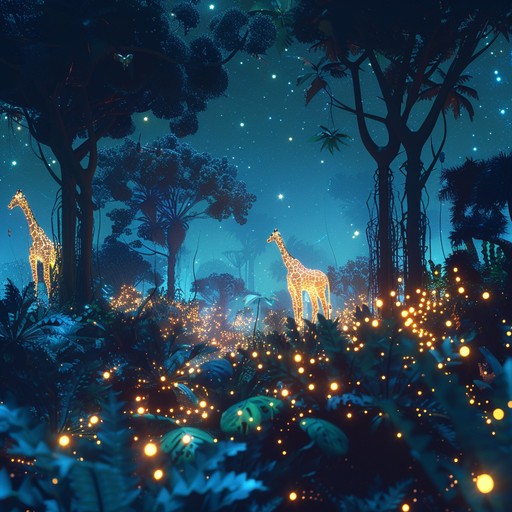 Dive into a dreamlike world where a mystical jungle comes alive under a starlit sky. The ethereal sounds of the marimba lead you through this enchanted forest, weaving through ancient trees, luminous flora, and exotic wildlife. The ambient world music creates an otherworldly journey that feels both serene and awe inspiring.