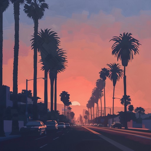 Imagine a leisurely drive down sunset boulevard as the sun sets, painting the sky orange and pink. The music is characterized by a soft, gentle electric guitar paired with a rhythmic drum beat, creating a feeling of peace and nostalgia as the day ends. The melody is complemented by a subtle bass line that adds depth without overpowering the gentle vibe of the track.