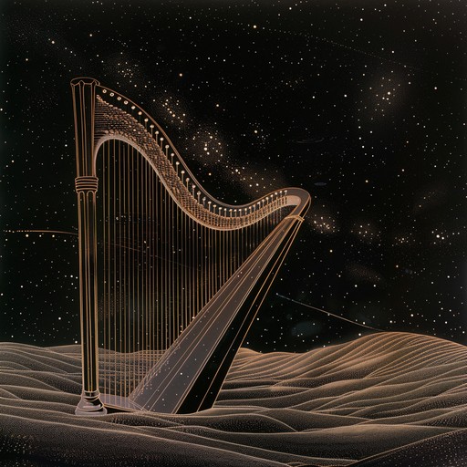 Envision a tranquil voyage across the cosmic sea, as shimmering harp melodies weave through the stars, evoking a sense of otherworldly beauty and serene meditation.