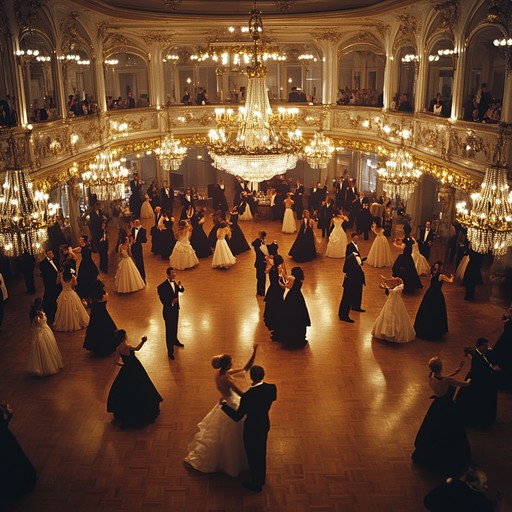 Picture a grand ballroom with couples gliding gracefully to an assured waltz melody, led by a majestic grand piano, enveloped by luxurious surroundings.