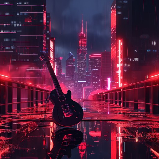 A journey through a neon lit cityscape, blending raw blues guitar riffs with pulsating electronic beats and ethereal synth lines, creating a nostalgic yet forward thinking soundscape