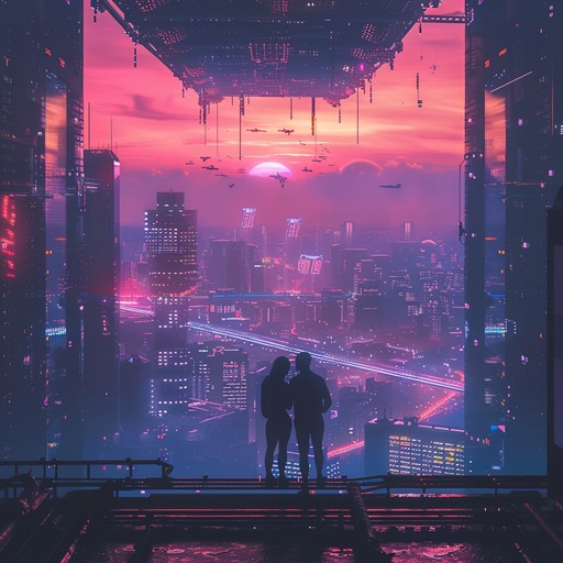 Step into a futuristic love story lit by the glow of neon skies. This synthwave composition features lush synths and electronic beats, creating an atmospheric narrative of passion and romance in a high tech world. The music captures the essence of love transcending time and space, blending tender melodies with dynamic, modern rhythms.