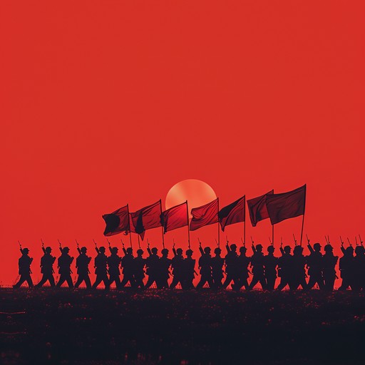 A powerful, stirring composition that evokes images of soldiers marching confidently, their spirits uplifted by a sense of unity and purpose. The arrangement consists of grand brass sections, steady percussion rhythms, and uplifting strings that together create a heroic and empowering atmosphere, perfect for inspiring courage and valor.