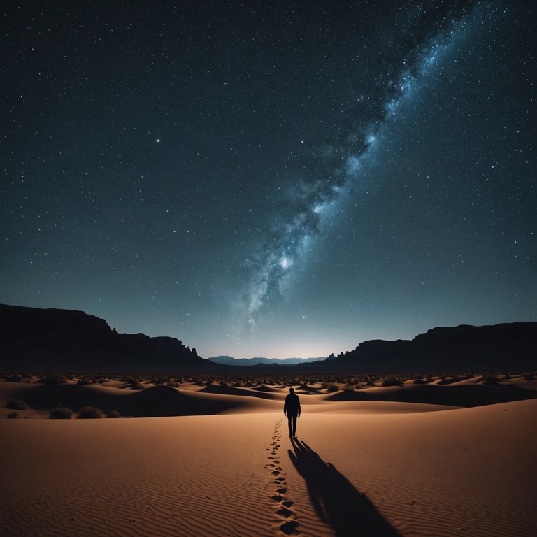 A lone traveler moves stealthily through the vast, starlit desert, each step echoing softly but ominously over tense strings that capture the essence of solitude and danger lurking in the shadows. The atmosphere is thick with apprehension, as ancient secrets seem to whisper with the shifting sands.