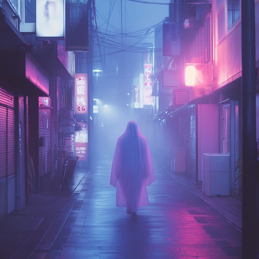 An eerie jpop track featuring unsettling electronic elements and haunting synth melodies, evoking a sense of ghostly neon nightmares