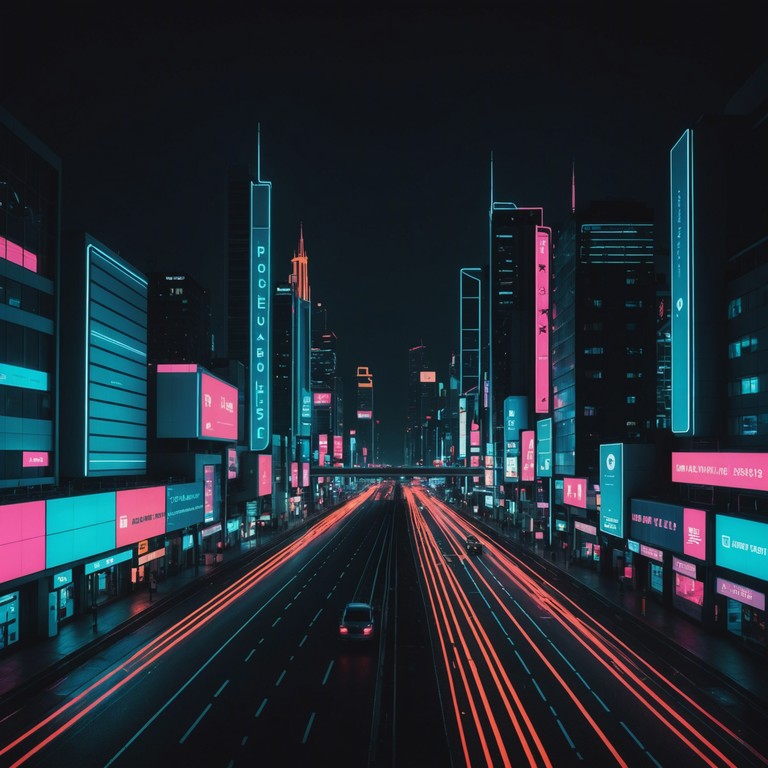 Imagine a vibrant electrified landscape painted by sharp synths and rumbling beats, depicting a city that never sleeps, vibrant and alive, with neon lights reflecting the high energy of nighttime thrill seekers