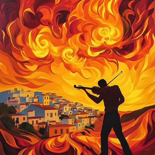 A fiery instrumental capriccio that captures intense passion of traditional flamenco music, featuring virtuosic violin melodies intertwined with rhythmic guitar strumming, evoking the spirit of dance and emotion.