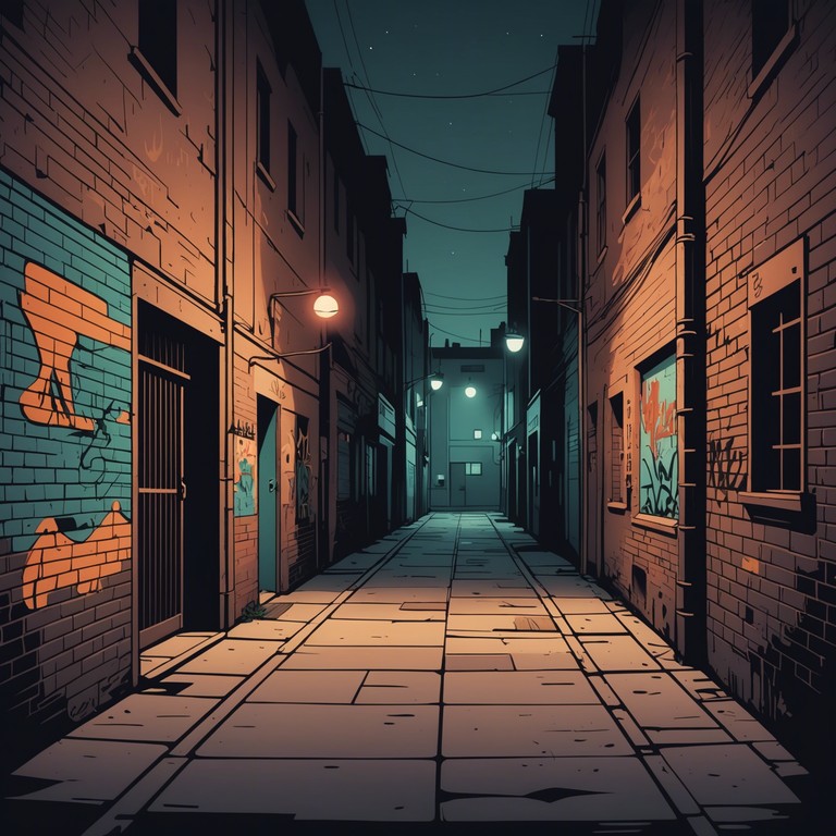 This track features a steady hip hop rhythm underlaid with sinister soundscapes, creating a feeling of tension and suspense as if walking through dimly lit urban alleys at night. The use of sparse, echoing beats adds to the track's overall eerie effect.