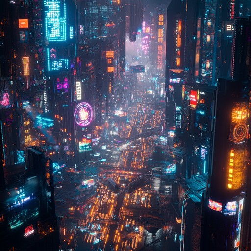 Lose yourself in the pulse of a futuristic metropolis, where energetic synth beats and intense cyberpunk rhythms paint a vivid picture of a neon lit urban landscape, full of excitement and energy.