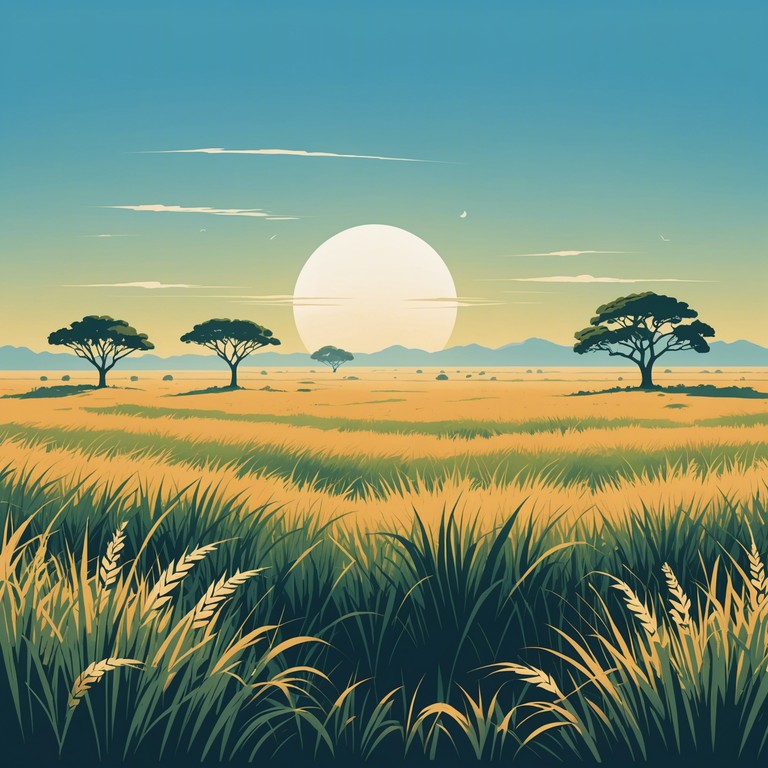 This track features a delicate fusion of ambient sounds and traditional instruments from various cultures, creating a serene soundscape that represents the heartbeat of vast savannas. The music delicately weaves together natural ambience with gentle musical articulations, capturing the essence of a tranquil journey across wide open spaces.