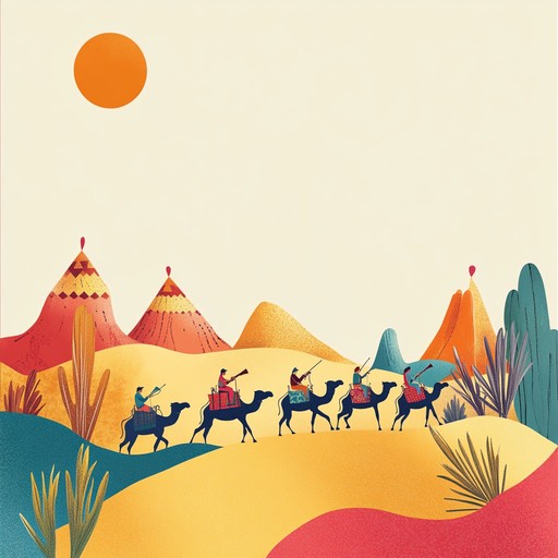 An upbeat and joyful instrumental song that evokes a festive journey through desert landscapes on camelback, featuring lively percussion and playful melodies inspired by middle eastern music.