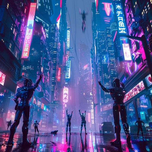 An epic convergence of punchy electronic beats and soaring orchestral elements, capturing the essence of victory in a dystopian cyberpunk universe. Sharp synths meld seamlessly with heroic brass sections, creating an exhilarating audio experience.