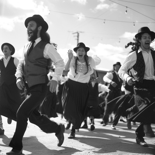 A vivacious klezmer composition that infuses traditional jewish folk melodies with an uproarious celebratory spirit, driven by expressive clarinet melodies, rhythmic accompaniments, and an infectious energy that makes it perfect for dance and festivity, resonating with cultural richness and elated emotions