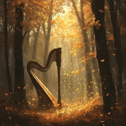 A gentle instrumental piece featuring soothing harp melodies that capture the serene ambiance of an autumn day, with leaves rustling and a calm breeze whispering through the trees. The music conveys peace and introspection, inviting listeners to reflect and find solace in nature's beauty.