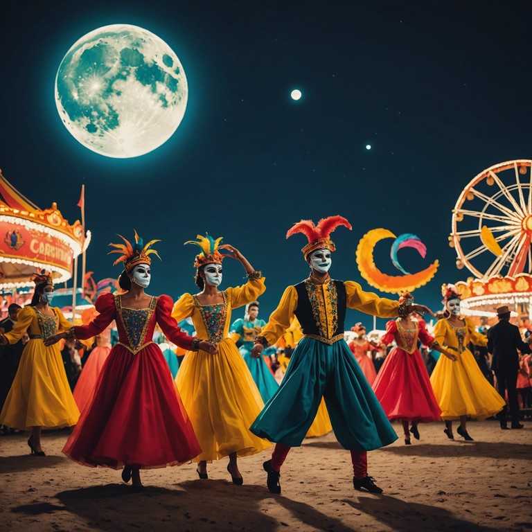 This track embodies the vibrant energy of a latin carnival under a luminous full moon. The music whirls through a playful harmony, capturing the essence of a night filled with laughter, dance, and mysterious allure. The marimba leads with its resonant wooden tones, bringing each note to life like twinkling stars scattered across a nocturnal sky. This composition invites you to lose yourself in the festive spirit of latin america, with rhythms that bounce and sway in a whimsical dance of joy.