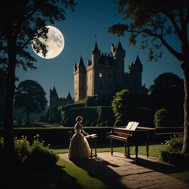 In the backdrop of a moonlit castle garden, soft harpsichord tunes mingle with the rustle of silk dresses, bringing to life whispered secrets of forbidden love among the high society, where each note tells a hidden story of the heart.