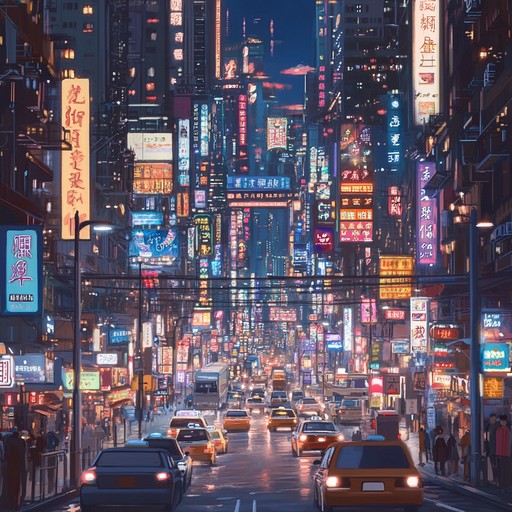 Capture the essence of an electrified urban landscape where streets are alive with motion and neon signs illuminate the night, all set to an infectious electropop beat