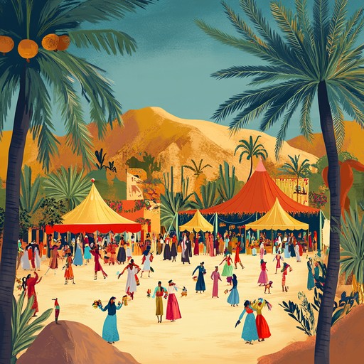 A dynamic and lively composition that fuses traditional middle eastern sounds with an energizing, modern beat, reminiscent of a radiant oasis festival.