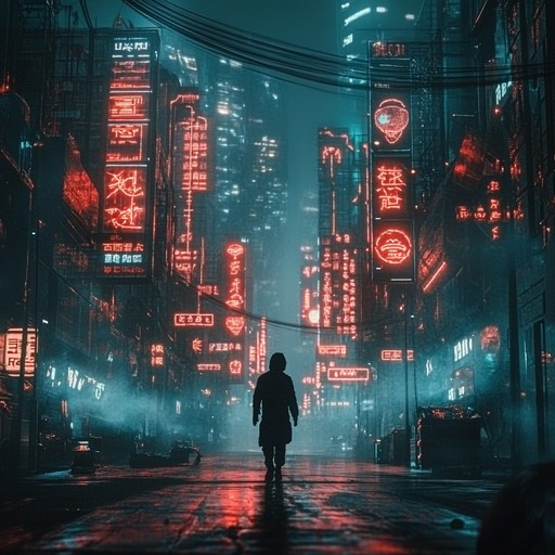 An intense instrumental track featuring layered synthesizers and powerful beats, capturing the essence of a dark, neon lit future cityscape. The music evokes feelings of suspense and anticipation as it transports listeners through shadowy urban environments.