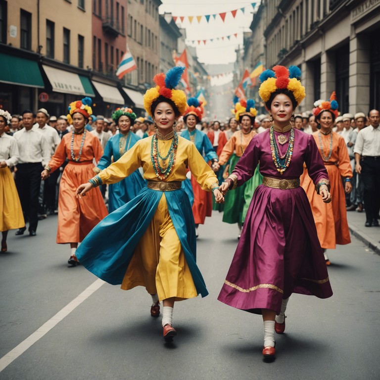 This song captures the essence of a joyous street parade in latin america, with the rhythms of traditional cumbria infusing vibrant energy and a sense of freedom among dancers. The music features prominent accented rhythms typical of folkloric cumbia, designed to uplift and invigorate the spirit of freedom and celebration.