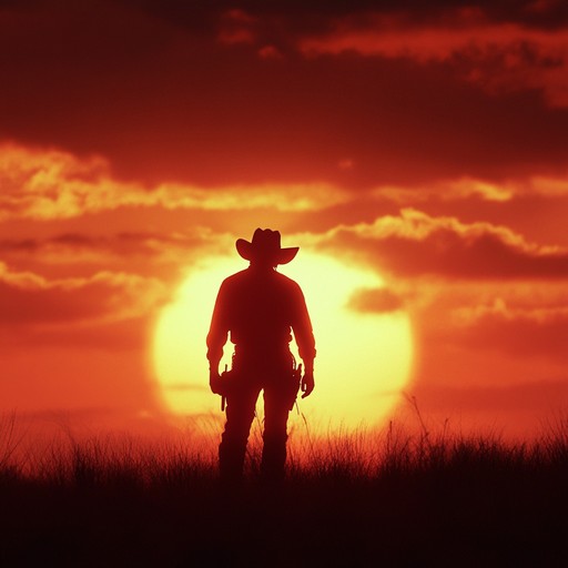 Picture a lone cowboy riding through a harsh desert, sand swirling around his boots, as he prepares for a final standoff with a notorious outlaw gang. The music is gritty and intense, featuring heavy, reverb drenched guitar riffs evoking the wild and untamed spirit of the old west