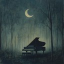 soft piano notes drift in eerie, shadowed corridors