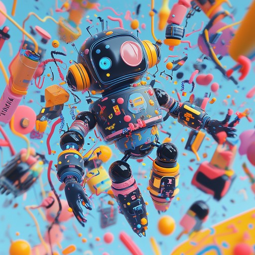 A lively instrumental blending electronic chiptune sounds and glitch effects, capturing the playful antics of robots causing mischief in a whimsical digital landscape.