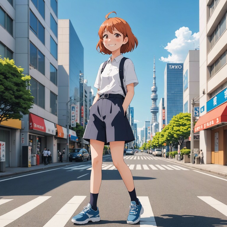 This composition captures the essence of a carefree, sunny day in tokyo as experienced through the eyes of an anime character. The melody flows with light hearted optimism, reminiscent of youth and unburdened joy, perfect for scenes depicting daily adventures in a bustling, colorful city.