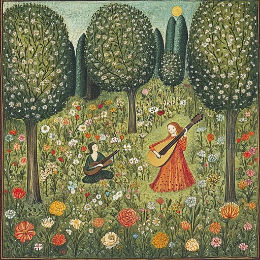 A peaceful lute track painting a picture of a medieval garden in full bloom, the troubadour's gentle strumming creating a sense of tranquility as if walking along a flowery path under the warm sun.