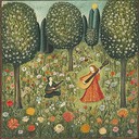 serene lute music in blooming medieval garden path