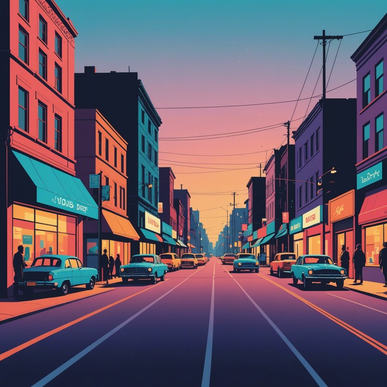 Imagine the vibrant energy of a city transforming from dusk to evening with lively streets and colorful lights, perfectly captured in this more upbeat, major key rendition focusing on brighter synth textures and a groovier bass.