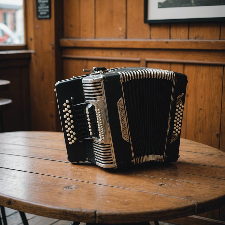 As the clock strikes midnight, the echoes of ancient tales are brought to life through mesmerizing accordion play, enveloping the listener in a cocoon of both comfort and mystery, amidst the spectral shadows of a once vibrant cabaret.